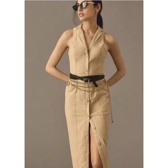 By Anthropologie Sleeveless Midi Linen + Cotton Blend Button Down Shirt Dress - Picture 1 of 14